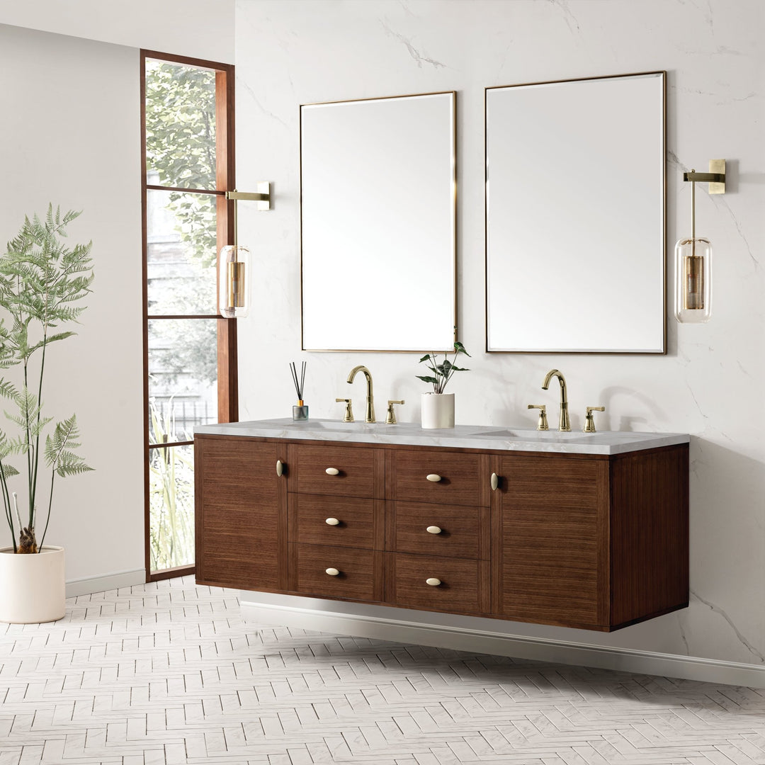Amberly 72" Double Vanity, Mid-Century Walnut w/ 3 CM Victorian Silver Top