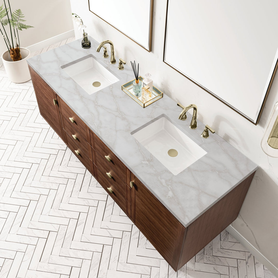Amberly 72" Double Vanity, Mid-Century Walnut w/ 3 CM Victorian Silver Top