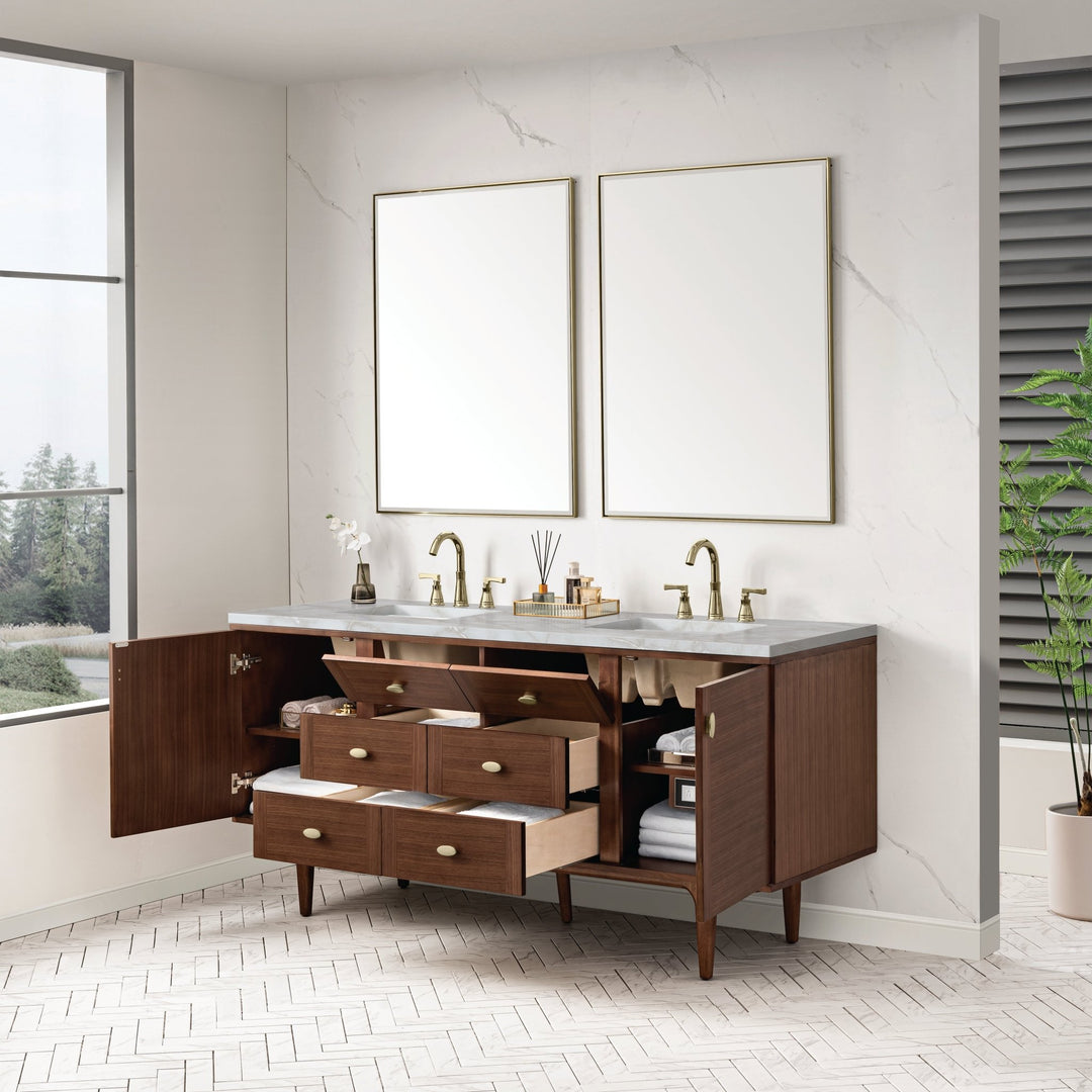 Amberly 72" Double Vanity, Mid-Century Walnut w/ 3 CM Victorian Silver Top