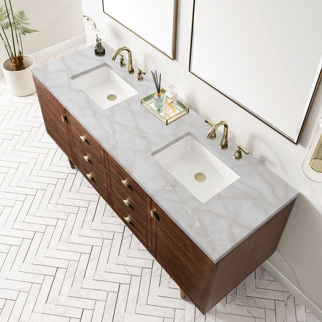 Amberly 72" Double Vanity, Mid-Century Walnut w/ 3 CM Victorian Silver Top w/FreePower Wireless Charger