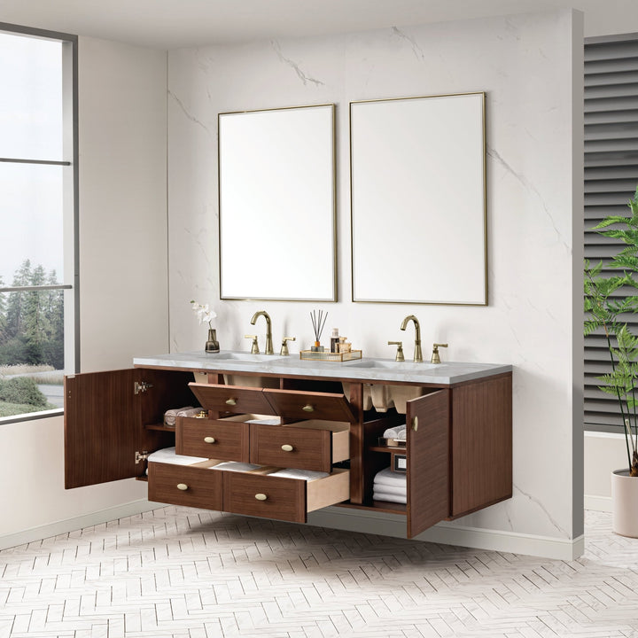 Amberly 72" Double Vanity, Mid-Century Walnut w/ 3 CM Victorian Silver Top w/FreePower Wireless Charger