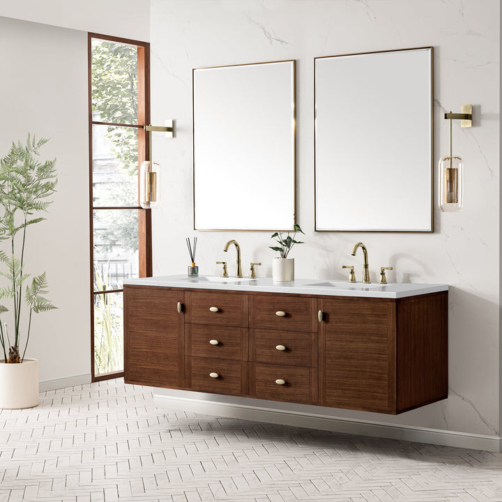 Amberly 72" Double Vanity, Mid-Century Walnut w/ 3 CM White Zeus Top