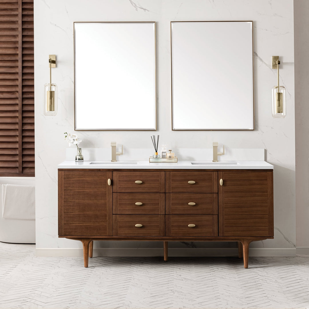 Amberly 72" Double Vanity, Mid-Century Walnut w/ Single Hole 3 CM White Zeus Top & Backsplash