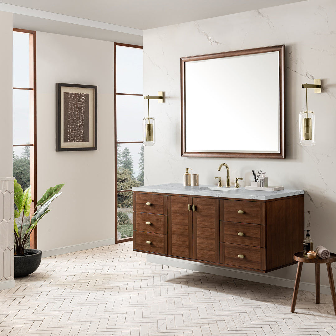 Amberly 60" Single Vanity, Mid-Century Walnut w/ 3 CM Ethereal Noctis Top w/FreePower Wireless Charger