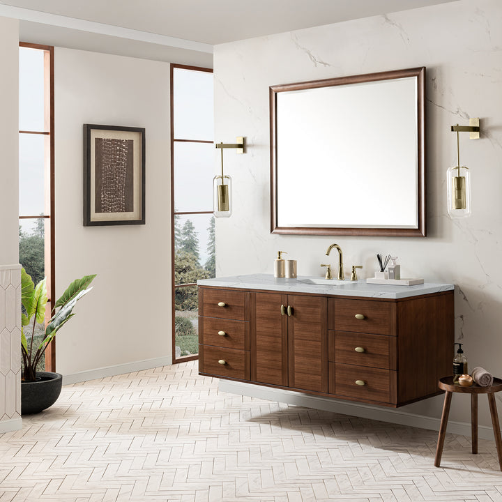 Amberly 60" Single Vanity, Mid-Century Walnut w/ 3 CM Ethereal Noctis Top w/FreePower Wireless Charger