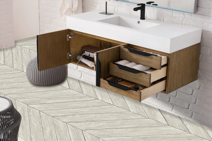 Columbia 48" Single Wall Mount Vanity, Latte Oak, Matte Black w/ Glossy White Composite Stone Top