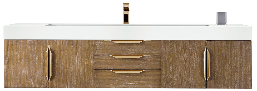 Columbia 72" Single Wall Mount Vanity, Latte Oak, Radiant Gold w/ Glossy White Composite Stone Top