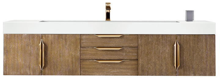 Columbia 72" Single Wall Mount Vanity, Latte Oak, Radiant Gold w/ Glossy White Composite Stone Top