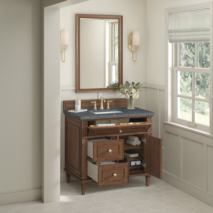 Lorelai 36" Single Vanity, Mid-Century Walnut w/ 3 CM Parisien Bleu Silestone Top