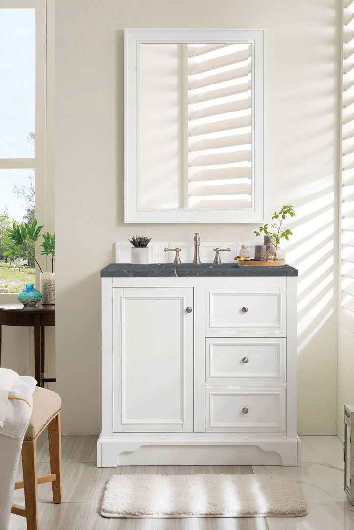 De Soto 36" Single Vanity, Bright White w/ 3 CM Parisien Bleu Silestone Top