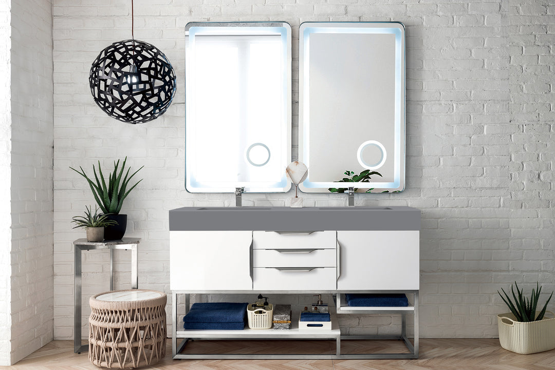 Columbia 59" Double Vanity, Glossy White w/ Dusk Grey Glossy Composite Stone Top
