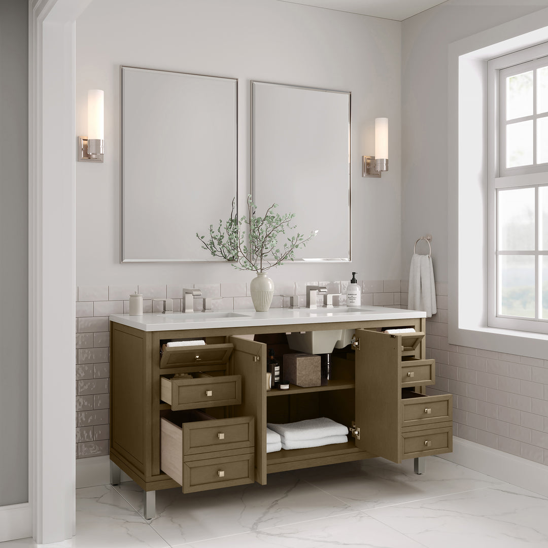 Chicago 60" Double Vanity, Walnut Whisper, w/ 3 CM White Zeus Silestone® Top