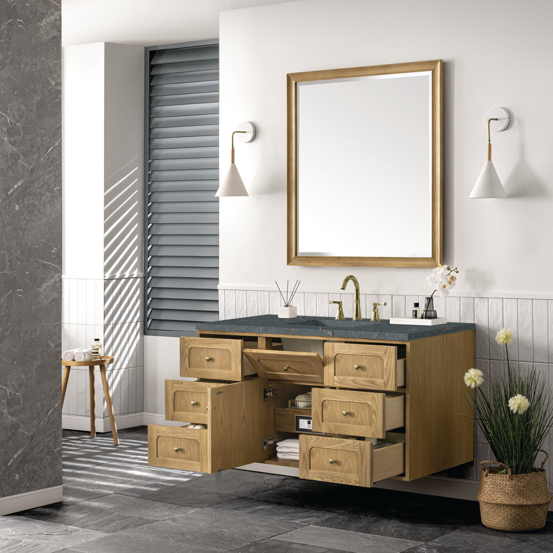 Laurent 48" Single Vanity, Light Natural Oak w/ 3 CM Parisien Bleu Top w/FreePower Wireless Charger