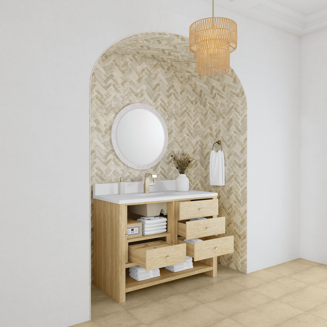 Marigot 48" Single Vanity, Sunwashed Oak w/ Single Hole 3 CM White Zeus Silestone Top & Backsplash