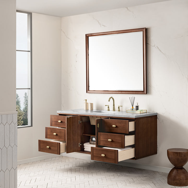 Amberly 60" Single Vanity, Mid-Century Walnut w/ 3 CM Ethereal Noctis Top w/FreePower Wireless Charger