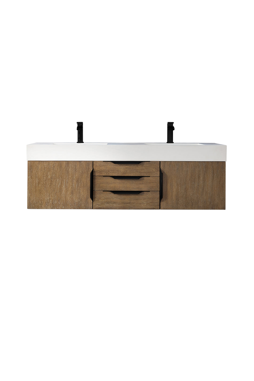 Columbia 59" Double Wall Mount Vanity, Latte Oak, Matte Black w/ Glossy White Composite Stone Top