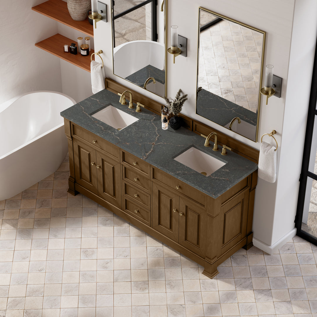 Brookfield 72" Double Vanity, Honey Oak w/ 3 CM Parisien Bleu Silestone® Top