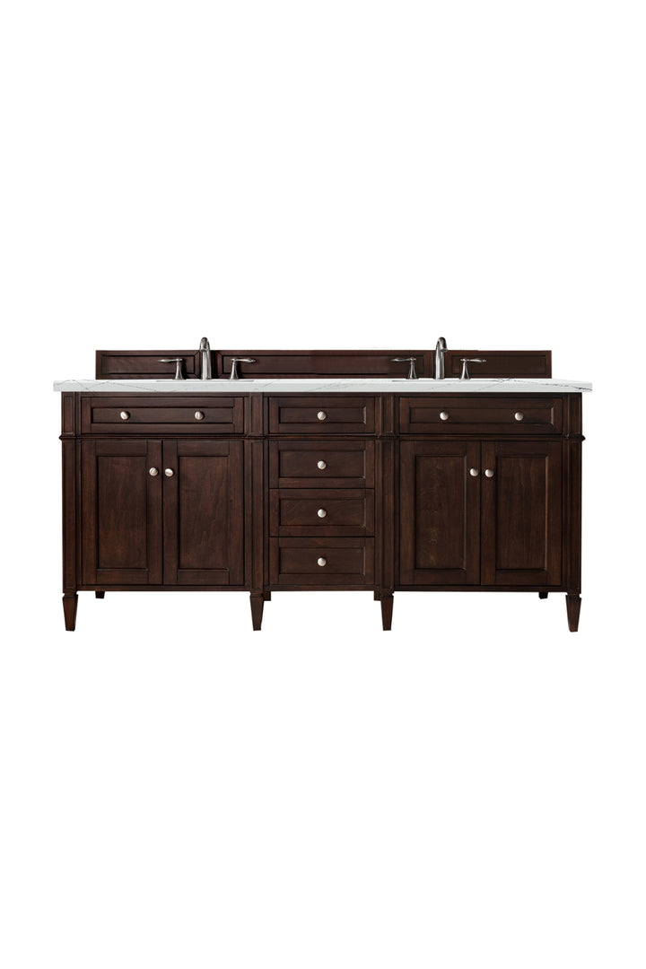 Brittany 72" Double Vanity, Burnished Mahogany w/ 3 CM Ethereal Noctis Silestone Top w/FreePower Wireless Charger