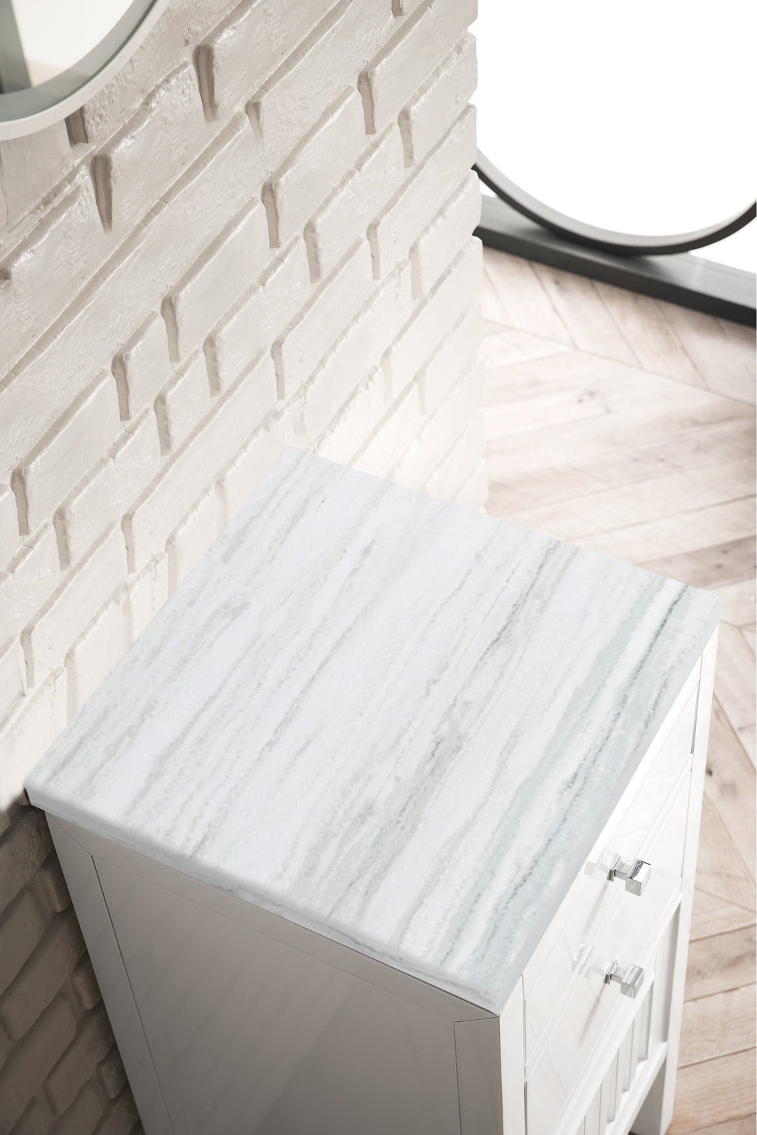 Athens 15" Base Cabinet w/ Drawers and Right Door, Glossy White w/ 3 CM Arctic Fall Solid Surface Top