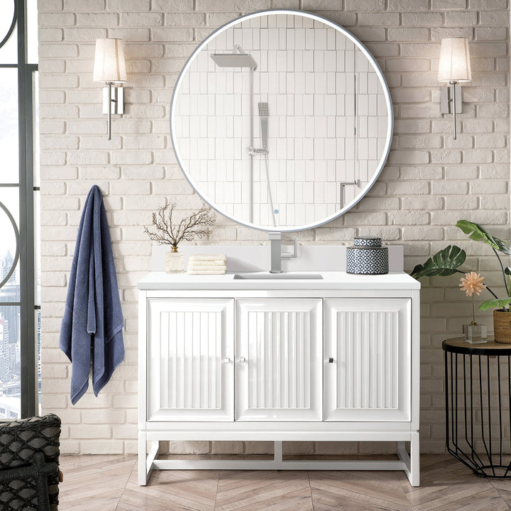 Athens 48" Single Vanity, Glossy White w/ Single Hole 3 CM White Zeus Silestone Top & Backsplash