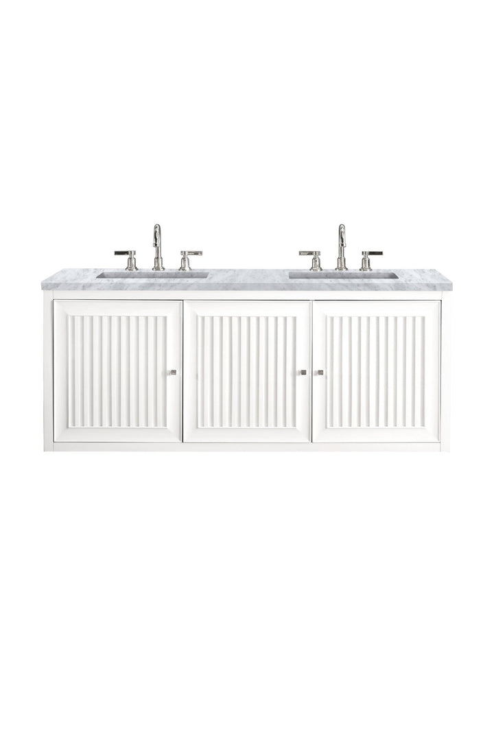 Athens 60" Double Vanity, Glossy White w/ 3 CM Carrara White Top