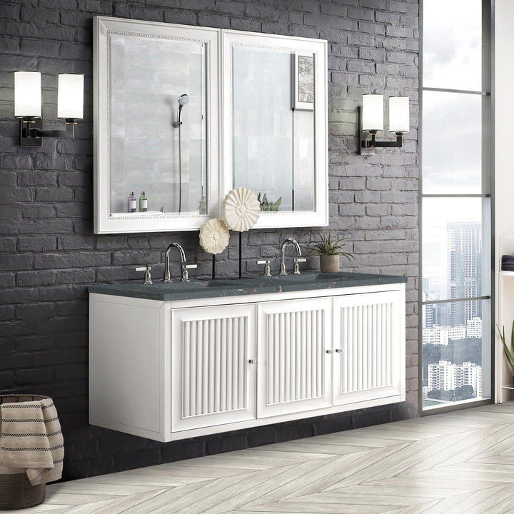 Athens 60" Double Vanity, Glossy White w/ 3 CM Parisien Bleu Silestone Top