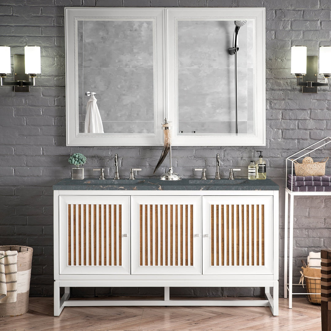 Athens 60" Double Vanity, Glossy White w/ 3 CM Parisien Bleu Silestone Top