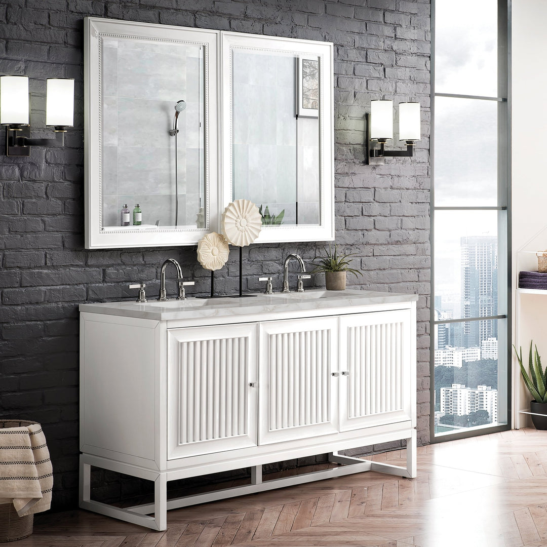 Athens 60" Double Vanity, Glossy White w/ 3 CM Victorian Silver Silestone Top