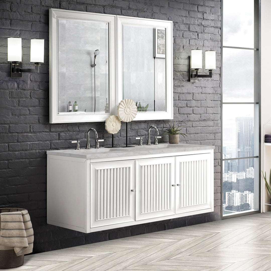 Athens 60" Double Vanity, Glossy White w/ 3 CM Victorian Silver Silestone Top