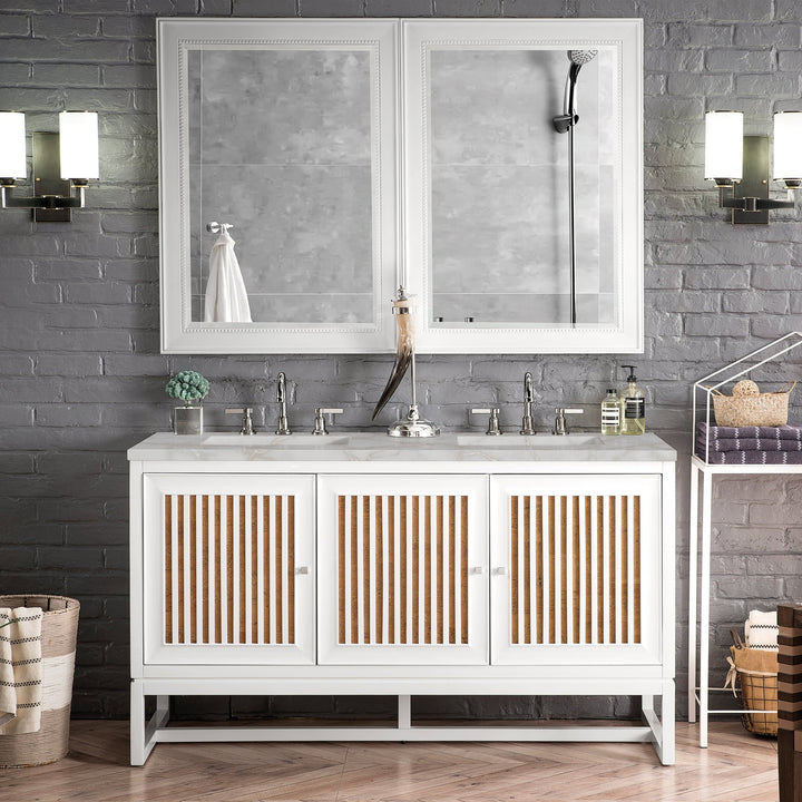 Athens 60" Double Vanity, Glossy White w/ 3 CM Victorian Silver Silestone Top