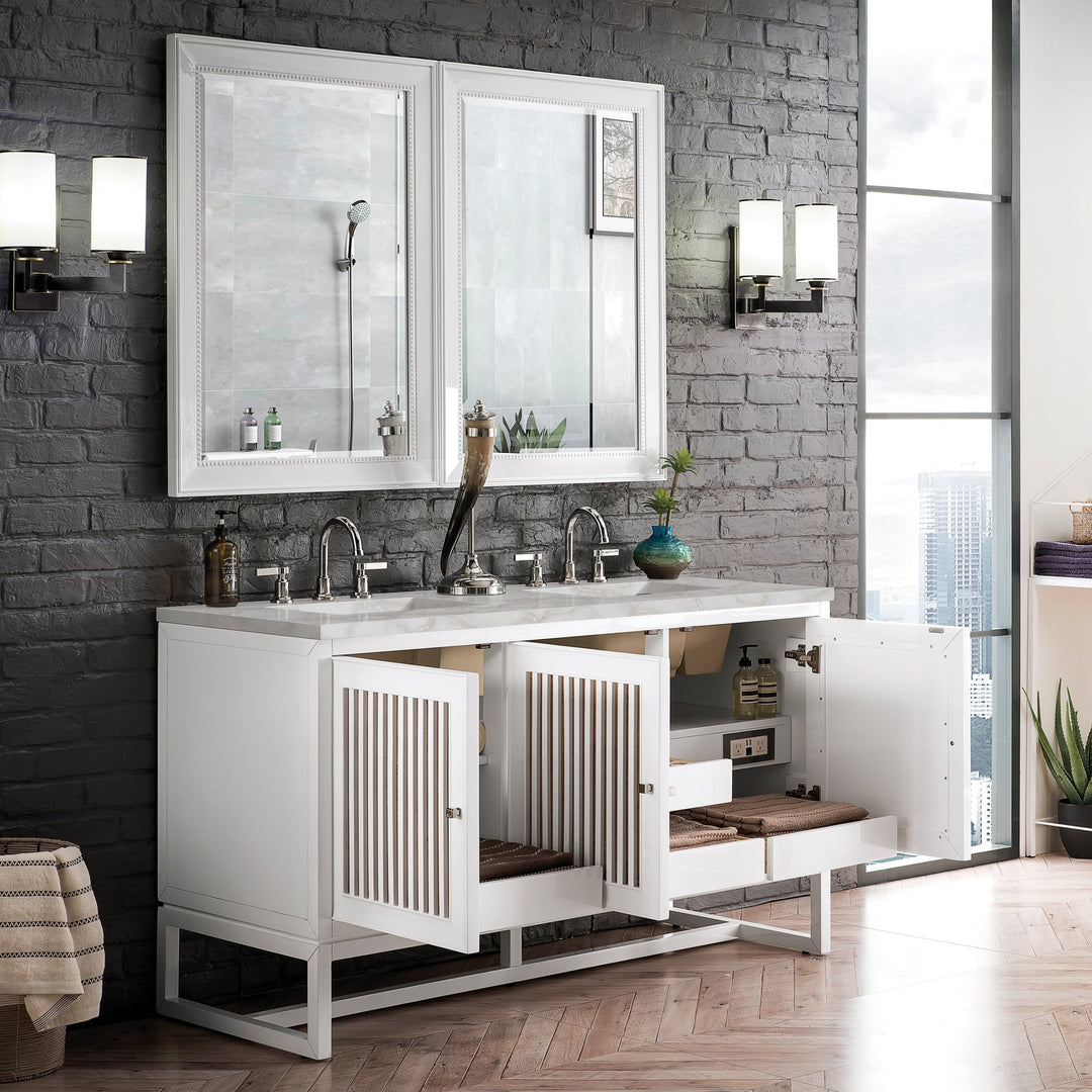 Athens 60" Double Vanity, Glossy White w/ 3 CM Victorian Silver Silestone Top