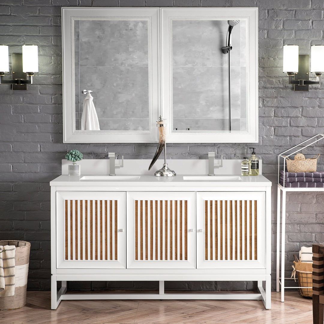Athens 60" Double Vanity, Glossy White w/ Single Hole 3 CM White Zeus Silestone Top & Backsplash