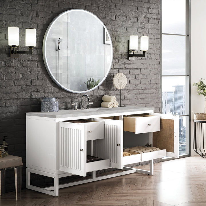 Athens 60" Single Vanity, Glossy White w/ 3 CM Victorian Silver Silestone Top