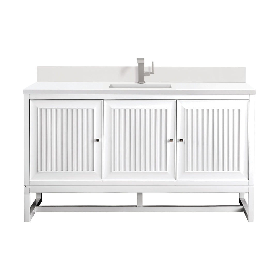 Athens 60" Single Vanity, Glossy White w/ Single Hole 3 CM White Zeus Silestone Top & Backsplash