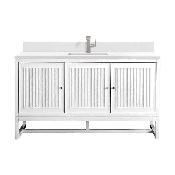 Athens 60" Single Vanity, Glossy White w/ Single Hole 3 CM White Zeus Silestone Top & Backsplash