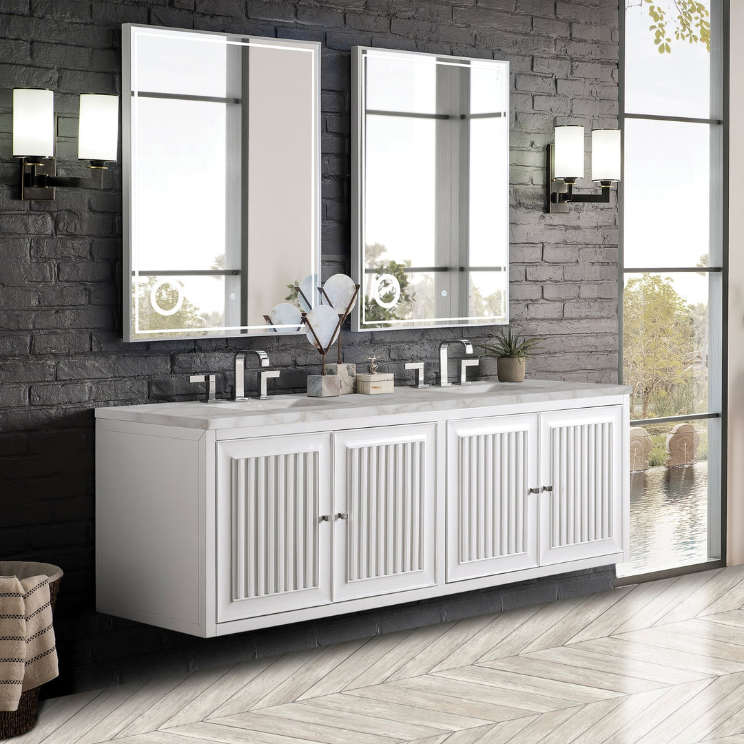 Athens 72" Double Vanity, Glossy White w/ 3 CM Victorian Silver Silestone Top