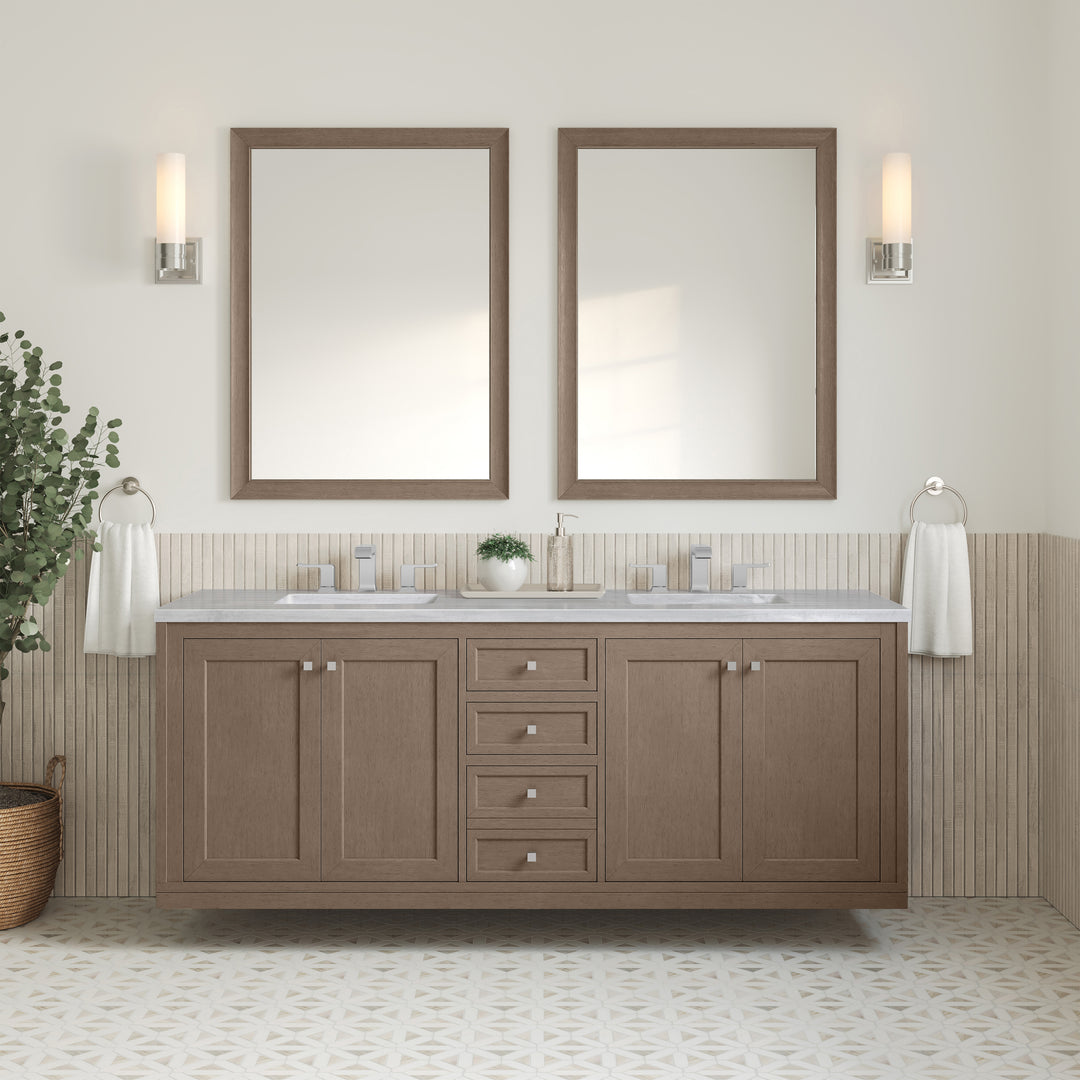 Chicago 72" Double Vanity, Walnut Whisper, w/ 3 CM Arctic Fall Solid Surface Top