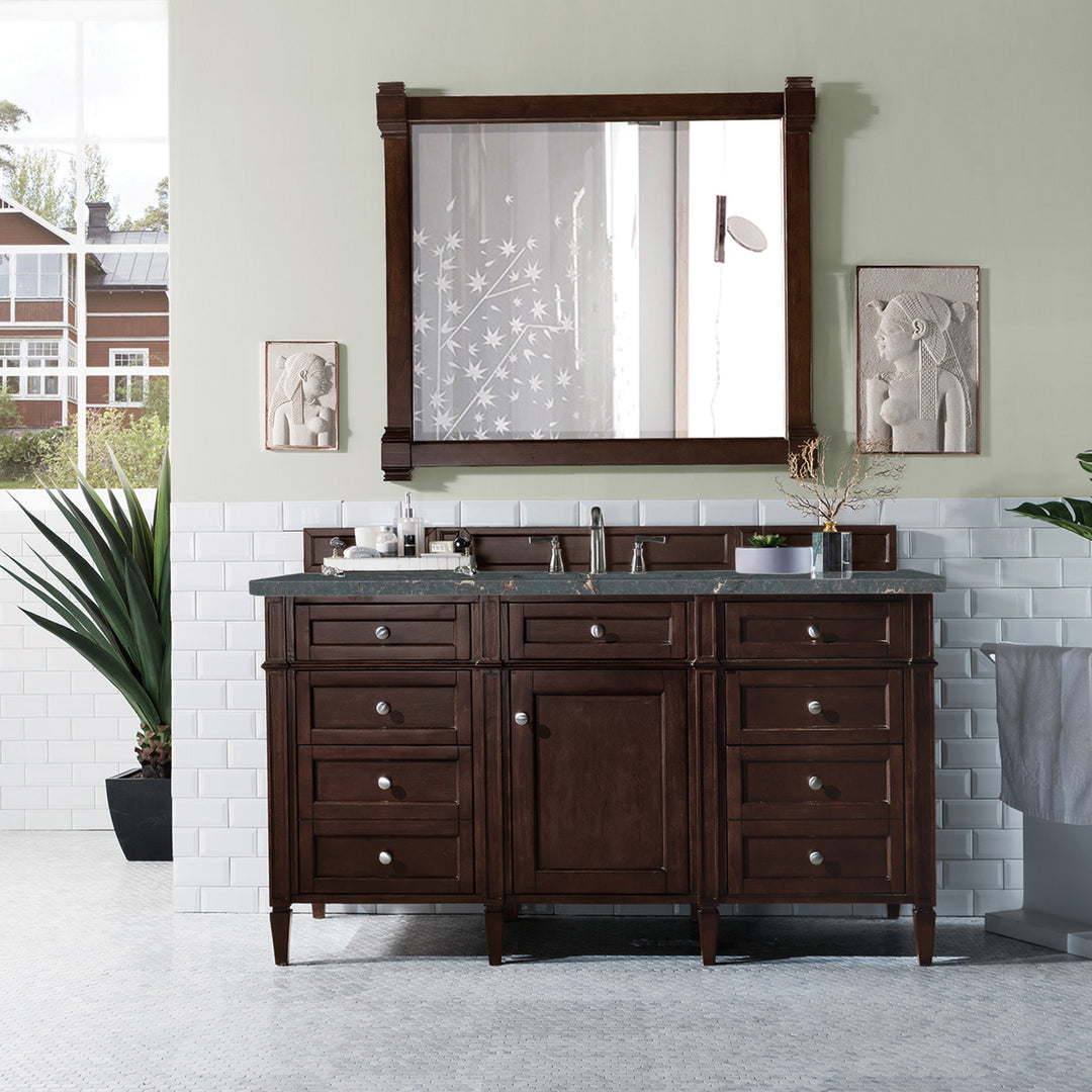 Brittany 60" Single Vanity, Burnished Mahogany w/ 3 CM Parisien Bleu Silestone Top w/FreePower Wireless Charger