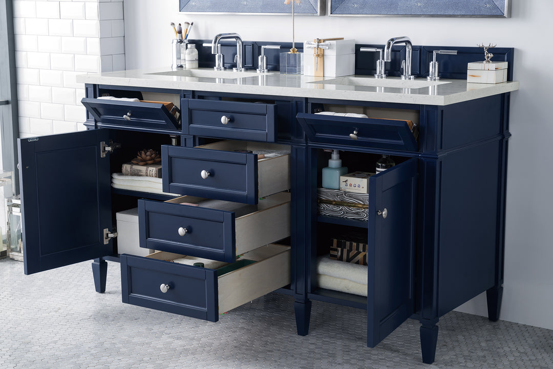 Brittany 60" Double Vanity, Victory Blue w/ 3 CM Eternal Jasmine Pearl Silestone Top