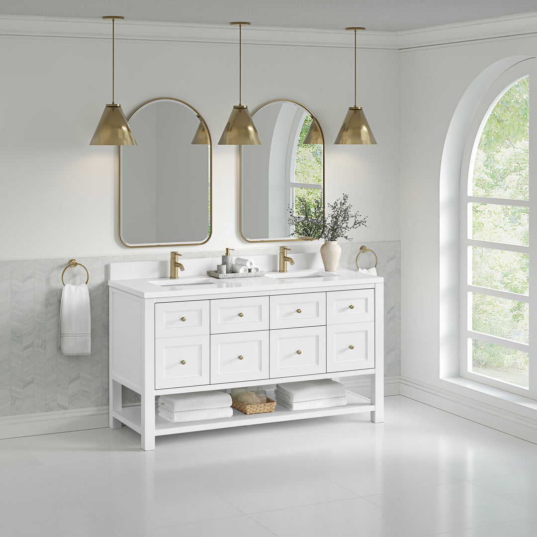 Breckenridge 60" Double Vanity, Bright White, w/ Single Hole 3 CM White Zeus Quartz Top & Backsplash