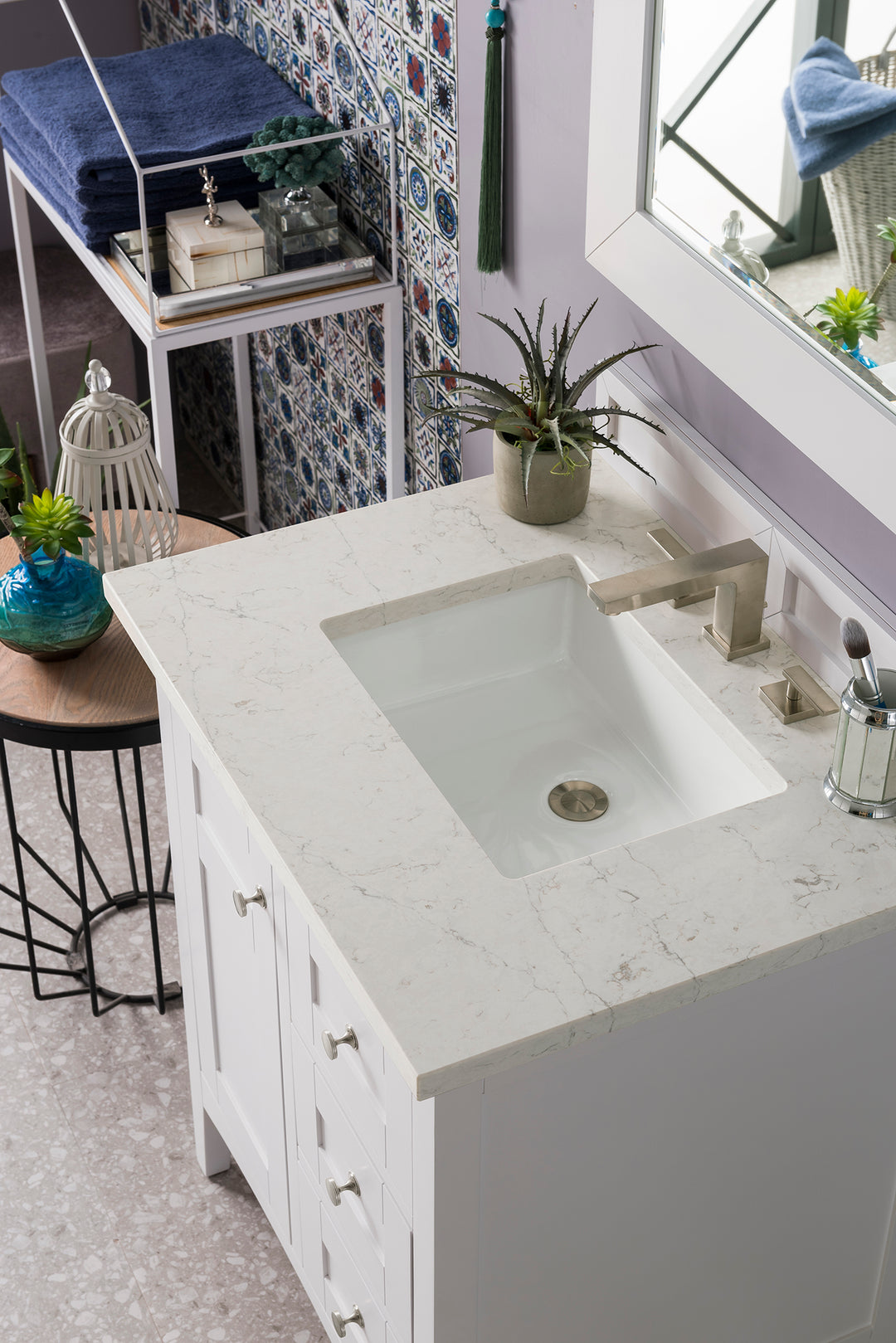 Palisades 30" Single Vanity, Bright White w/ 3 CM Eternal Jasmine Pearl Silestone Top