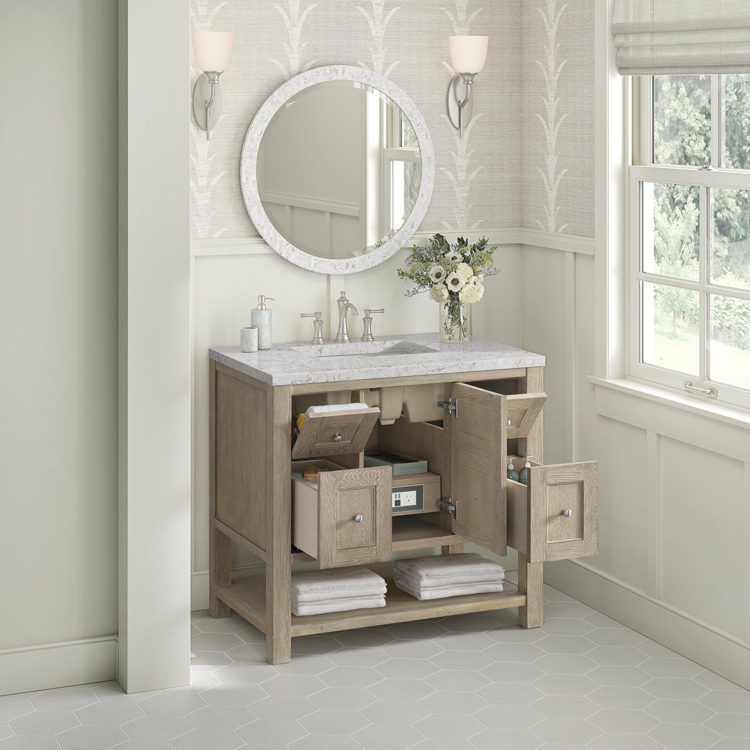 Breckenridge 36" Single Vanity, Whitewashed Oak w/ 3 CM Eternal Jasmine Pearl Silestone Top