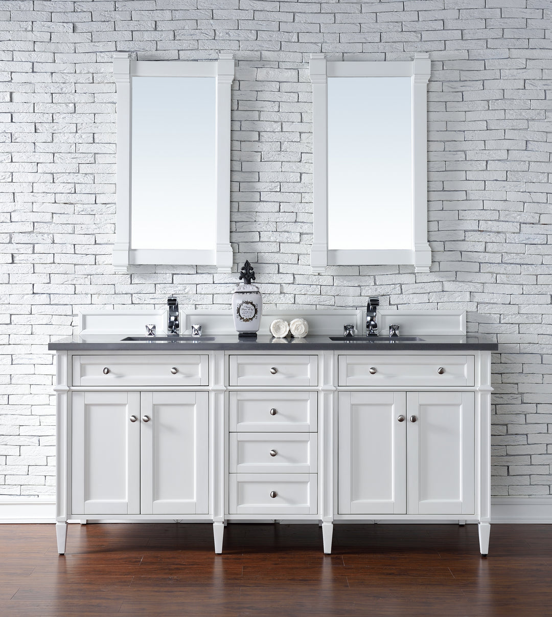 Brittany 72" Double Vanity, Bright White Vanity w/ 3 CM Charcoal Soapstone Silestone Top