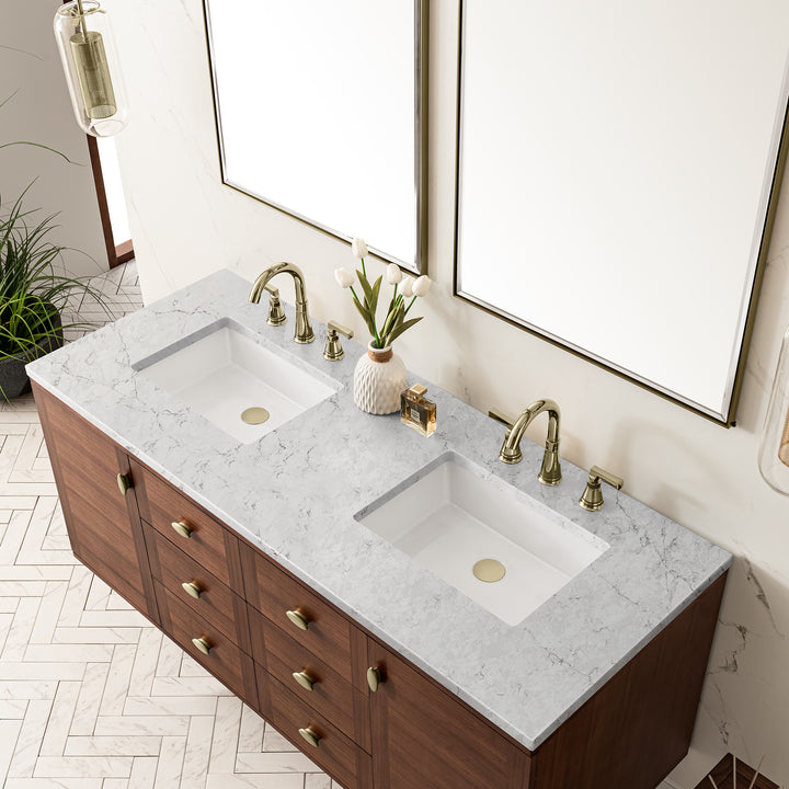 Amberly 60" Double Vanity, Mid-Century Walnut w/ 3 CM Eternal Jasmine Pearl Top w/FreePower Wireless Charger