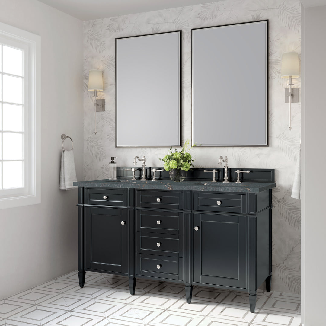 Brittany 60" Double Vanity, Black Onyx w/ 3 CM Parisien Bleu Silestone Top