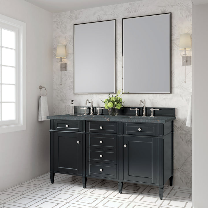 Brittany 60" Double Vanity, Black Onyx w/ 3 CM Parisien Bleu Silestone Top w/FreePower Wireless Charger