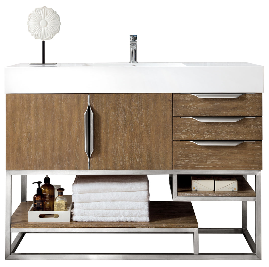 Columbia 48" Single Vanity, Latte Oak, Brushed Nickel w/ Glossy White Composite Stone Top