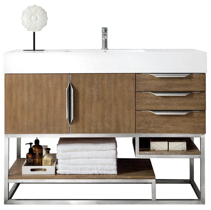 Columbia 48" Single Vanity, Latte Oak, Brushed Nickel w/ Glossy White Composite Stone Top