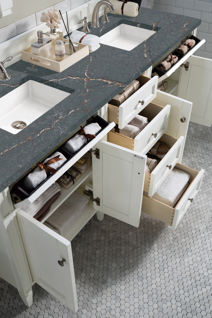 Brittany 72" Double Vanity, Bright White Vanity w/ 3 CM Parisien Bleu Silestone Top