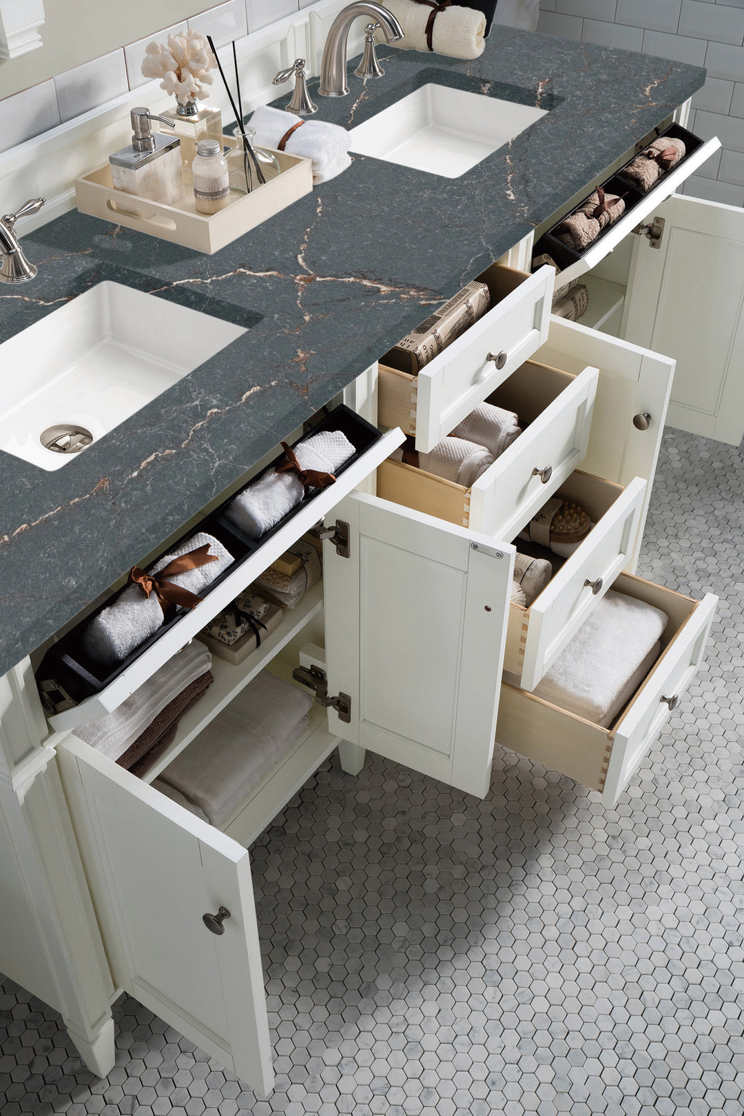 Brittany 72" Double Vanity, Bright White Vanity w/ 3 CM Parisien Bleu Silestone Top w/FreePower Wireless Charger